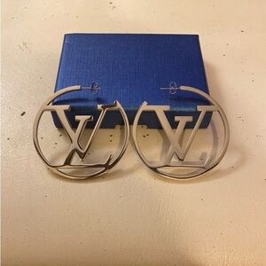 Louis Vuitton Silver Text Logo Hoop Earrings